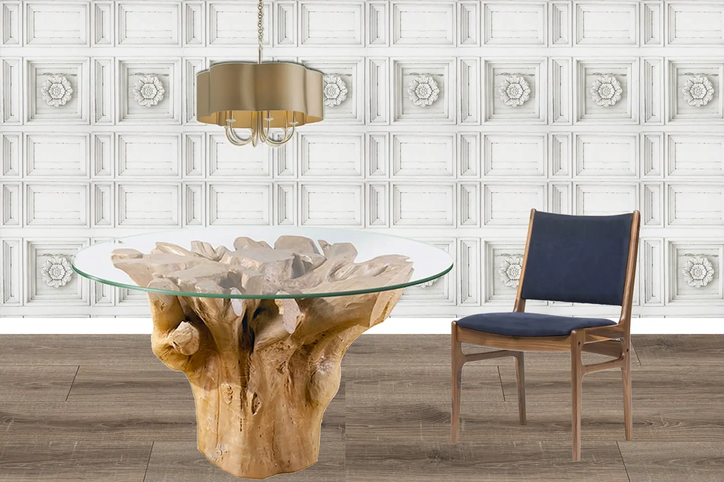 Round glass dining table with tree trunk base deals